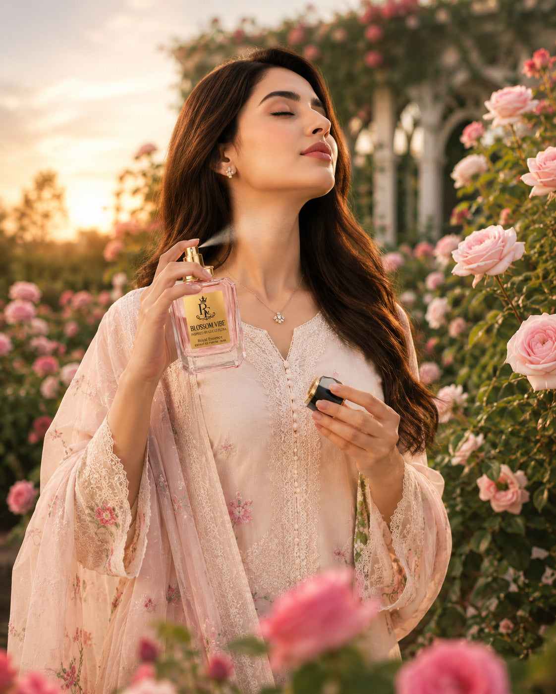 A woman in a pink floral lace robe stands in a rose garden at sunset, holding a pink perfume bottle labeled 'Bourgeon' and spraying mist. The background is filled with pink roses and soft warm light.