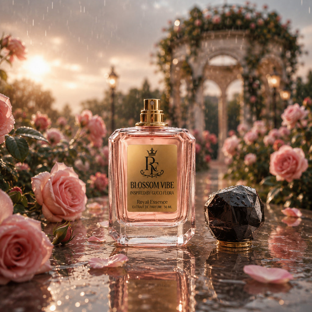 A perfume bottle labeled 'Blossom Vibe Royal Essence' stands on a wet reflective surface surrounded by pink roses, with a blurred garden arch and sunset in the background. A faceted black gem and gold cap sit beside the bottle.