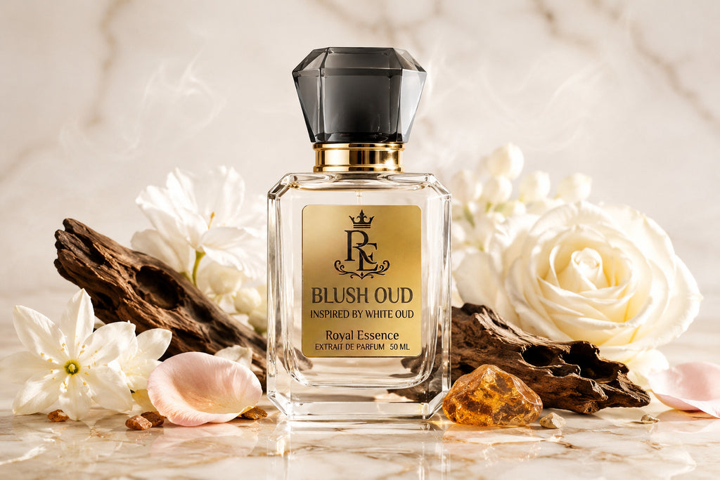 A clear glass perfume bottle with a black faceted cap and a gold label reading 'BLUSH OUD' and 'Royal Essence' stands on a marble surface surrounded by white flowers, driftwood, and amber pieces.