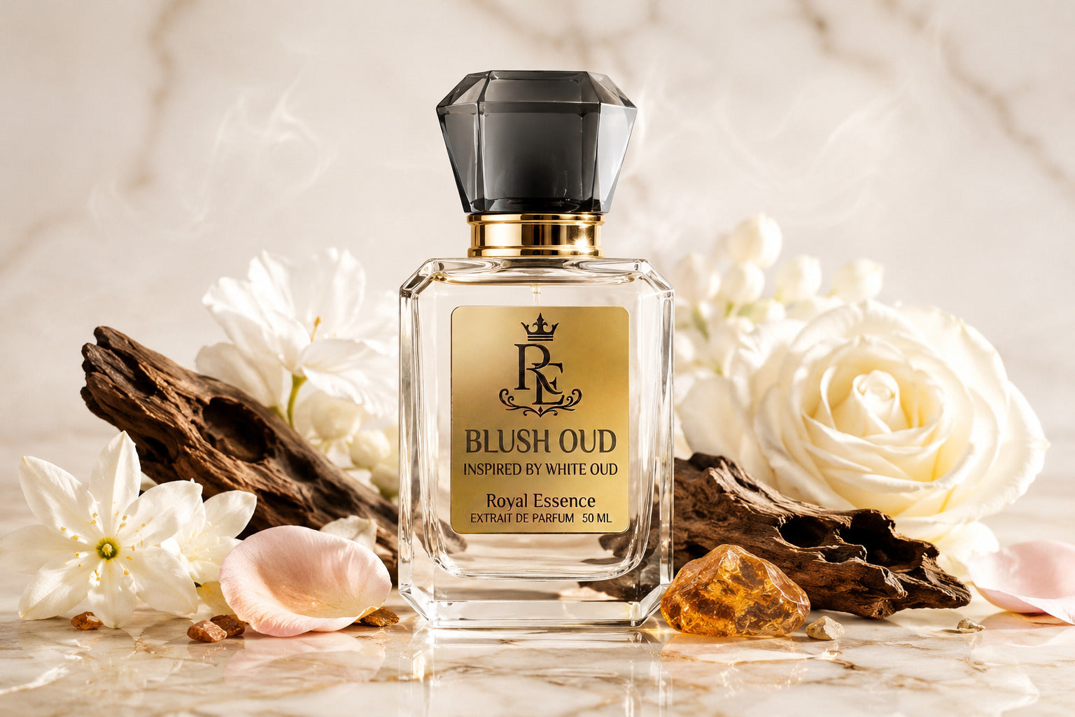A clear glass perfume bottle with a black faceted cap and a gold label reading 'BLUSH OUD' and 'Royal Essence' stands on a marble surface surrounded by white flowers, driftwood, and amber pieces.