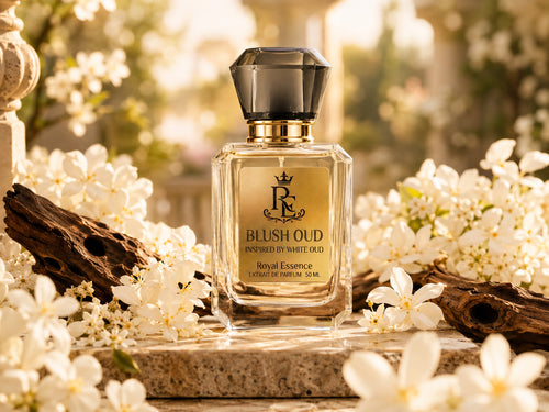 A faceted glass perfume bottle labeled 'Blush Oud' by Royal Essence, styled on a stone surface surrounded by white blossoms and driftwood in a warm, sunlit outdoor setting.