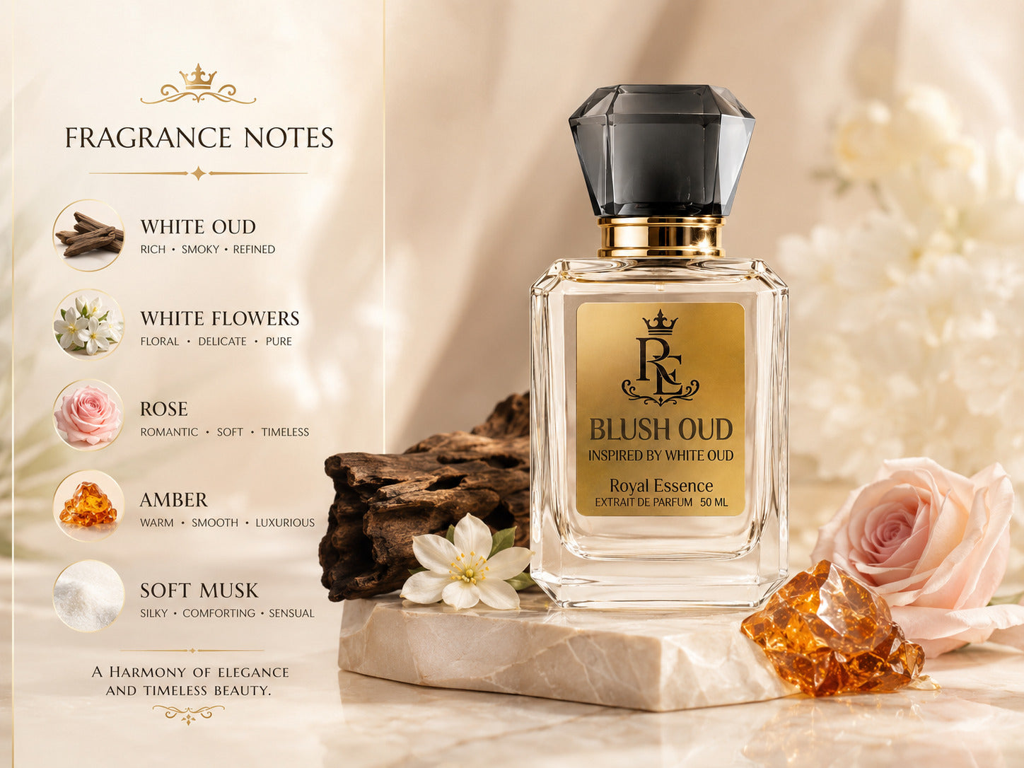 A luxury perfume bottle labeled 'Blush Oud Royal Essence' displayed on a marble slab with flowers and amber crystals, alongside a fragrance notes graphic detailing white oud, white flowers, rose, amber, and soft musk.