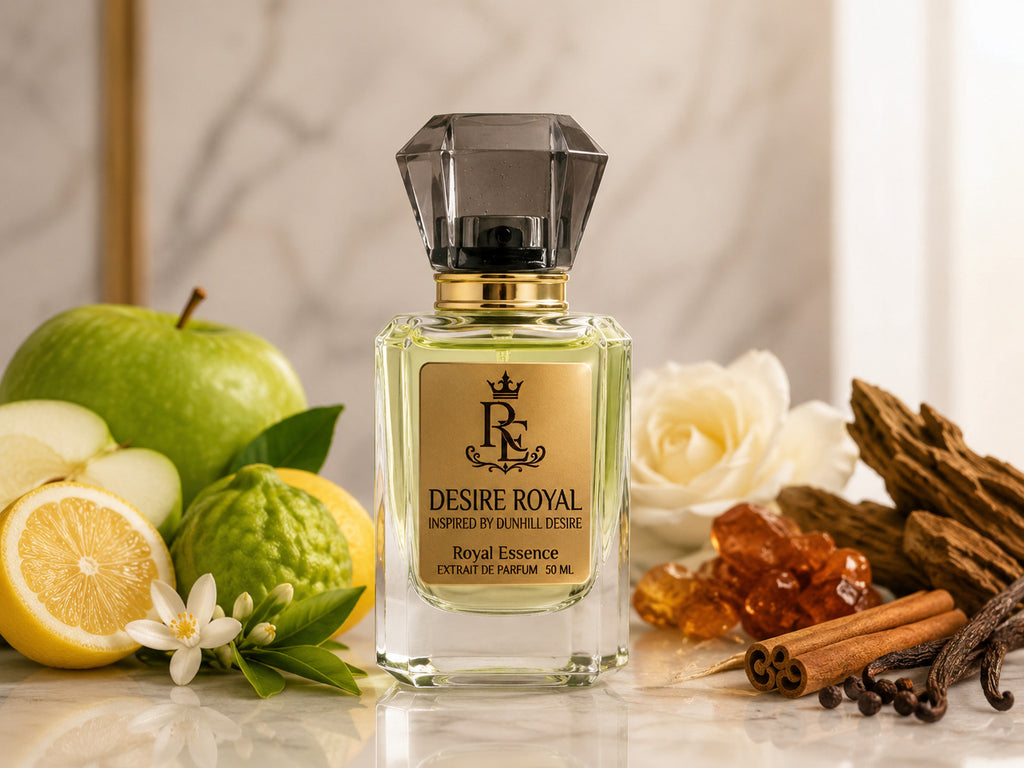 A 50 mL bottle of Desire Royal Royal Essence perfume, styled with fresh green apples, a sliced lemon, white roses, amber crystals, cinnamon sticks, and vanilla beans on a marble surface.
