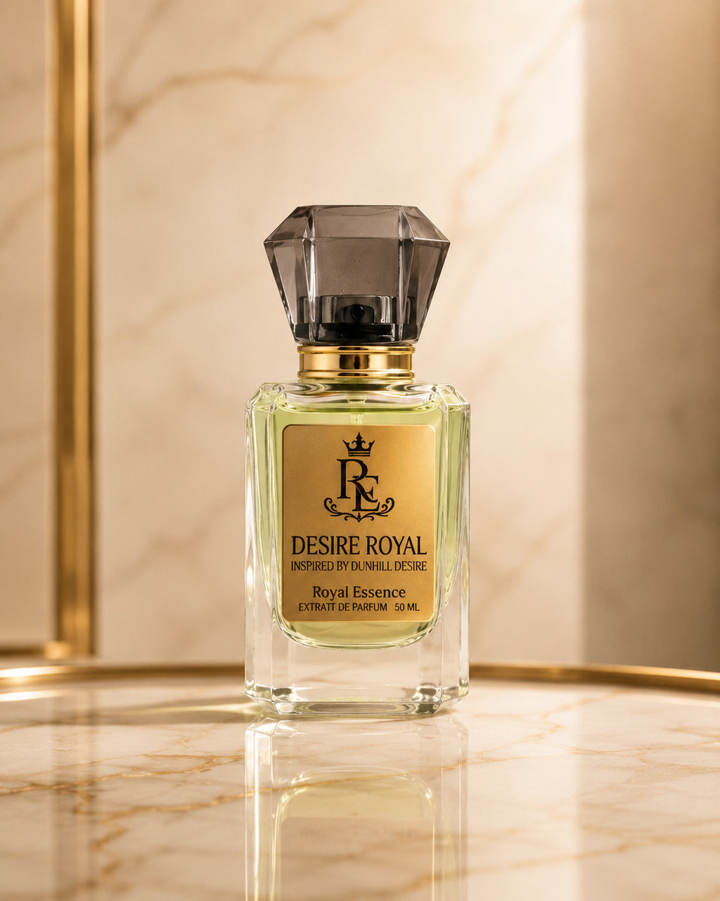 Desire Royal Royal Essence cologne bottle by Pinnacle Design, featuring a clear glass bottle with pale yellow-green liquid, a gold label, and a faceted dark black cap, set on a polished marble surface with a matching marble background.