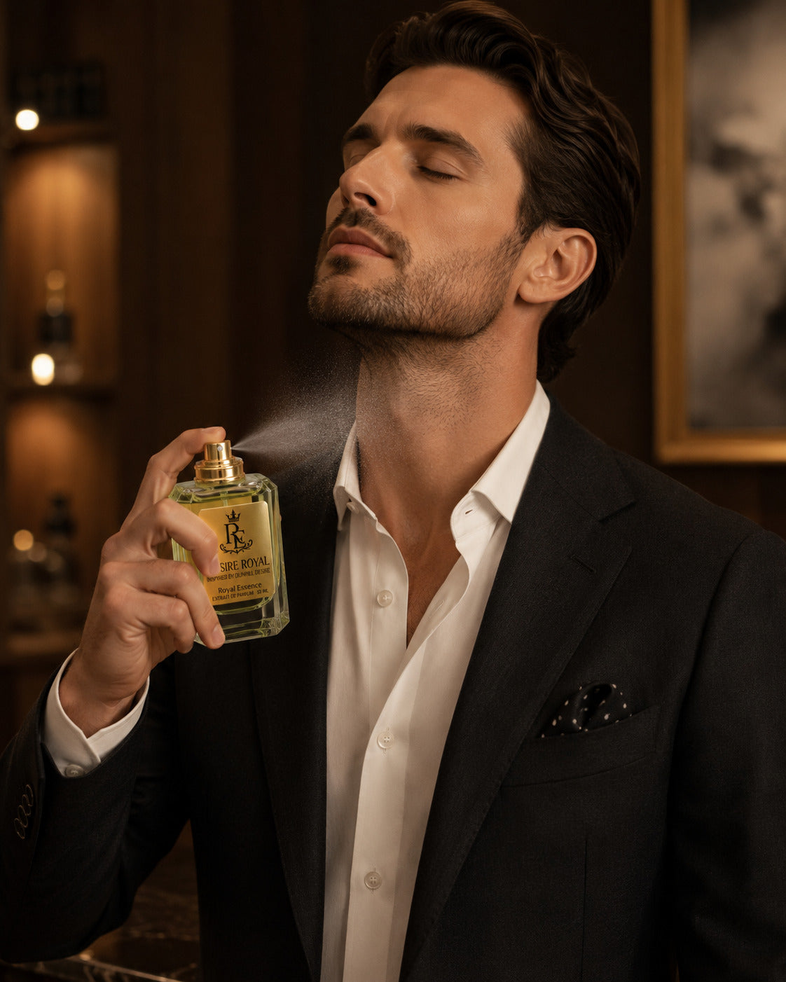 A man in a dark suit and white shirt holds a bottle of EXTRAIT DE PARFUM de Tom Ford Scalpion cologne and sprays it, with the brand name clearly visible on the bottle.