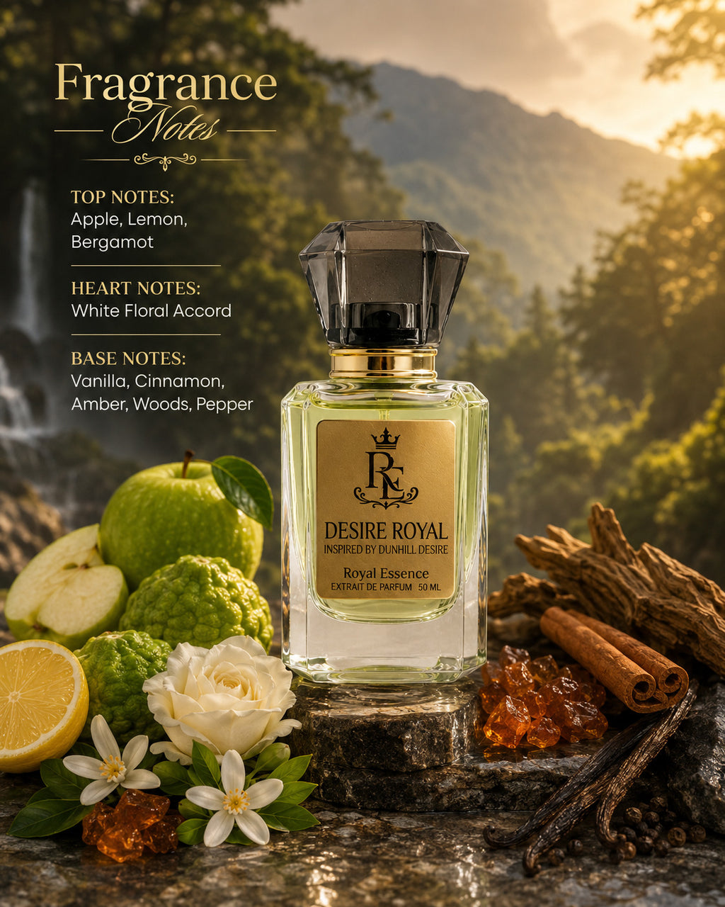 A bottle of Desire Royal Imperial Pearlsome fragrance is displayed on a stone surface with fruit, flowers, cinnamon, and amber pieces in the foreground, set against a scenic mountain landscape. Text on the left lists fragrance notes.