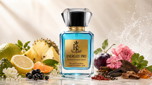 A clear glass perfume bottle filled with bright blue liquid, featuring a black cap and a gold label that reads 'Energize PRO' and 'Royal Essence'. The bottle is styled on a reflective surface with various citrus fruits, flowers, and spices around it against a warm, sunlit background with a water splash effect.