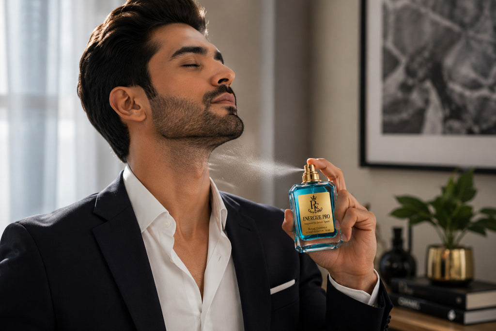 A man in a dark suit and white shirt holds a blue perfume bottle with a gold cap and gold label, spraying fragrance in a well-lit indoor setting.
