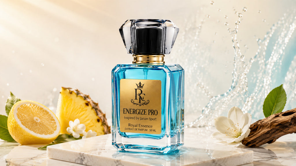 A bottle of Energize Pro energizing jet sport cologne by Royal Essence, featuring a light blue glass body, a gold label, and a faceted black cap, styled on a marble slab with lemon, pineapple, and white flowers.