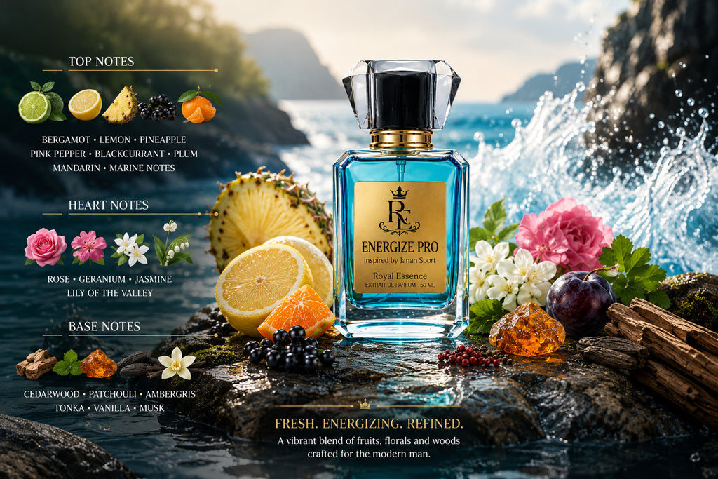 A perfume bottle labeled 'Royal Essence Energize Pro' stands on rocks by the ocean, surrounded by citrus slices, flowers, and tropical fruit. Text on the left lists top, heart, and base notes with small ingredient icons, and the bottle is branded with a prominent 'R' crest.