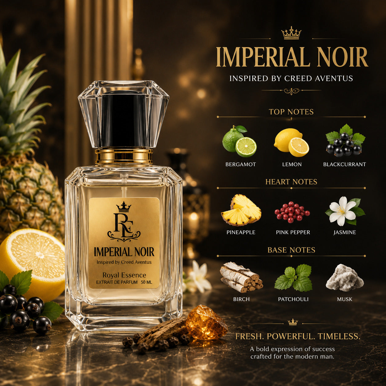 A faceted glass perfume bottle labeled Imperial Noir stands on a dark reflective surface with pineapple, lemons, and berries around it. To the right is a branded note chart reading Imperial Noir with top, heart, and base notes listed below.