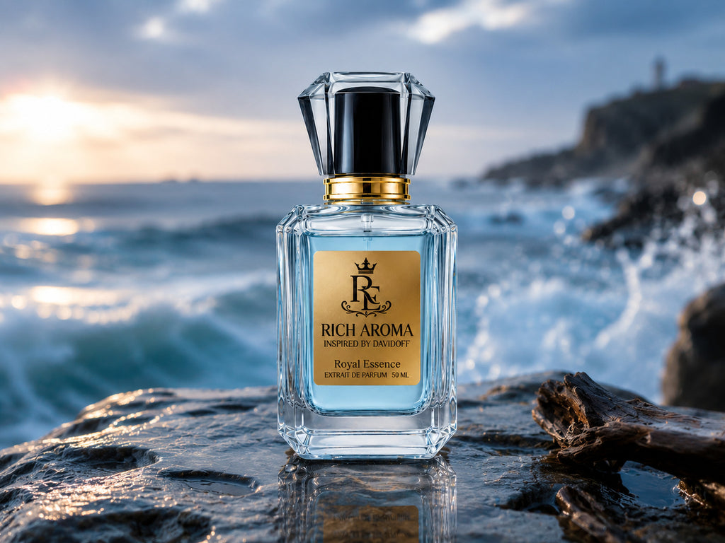 A faceted glass perfume bottle with a black cap and gold label reading RICH AROMA, placed on a rocky shoreline with ocean waves and a sunset sky in the background.