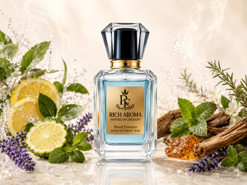 A clear glass perfume bottle with a black faceted cap and a gold label reading Rich Aroma, styled with lemon slices, mint leaves, lavender, and amber pieces on a light beige background.