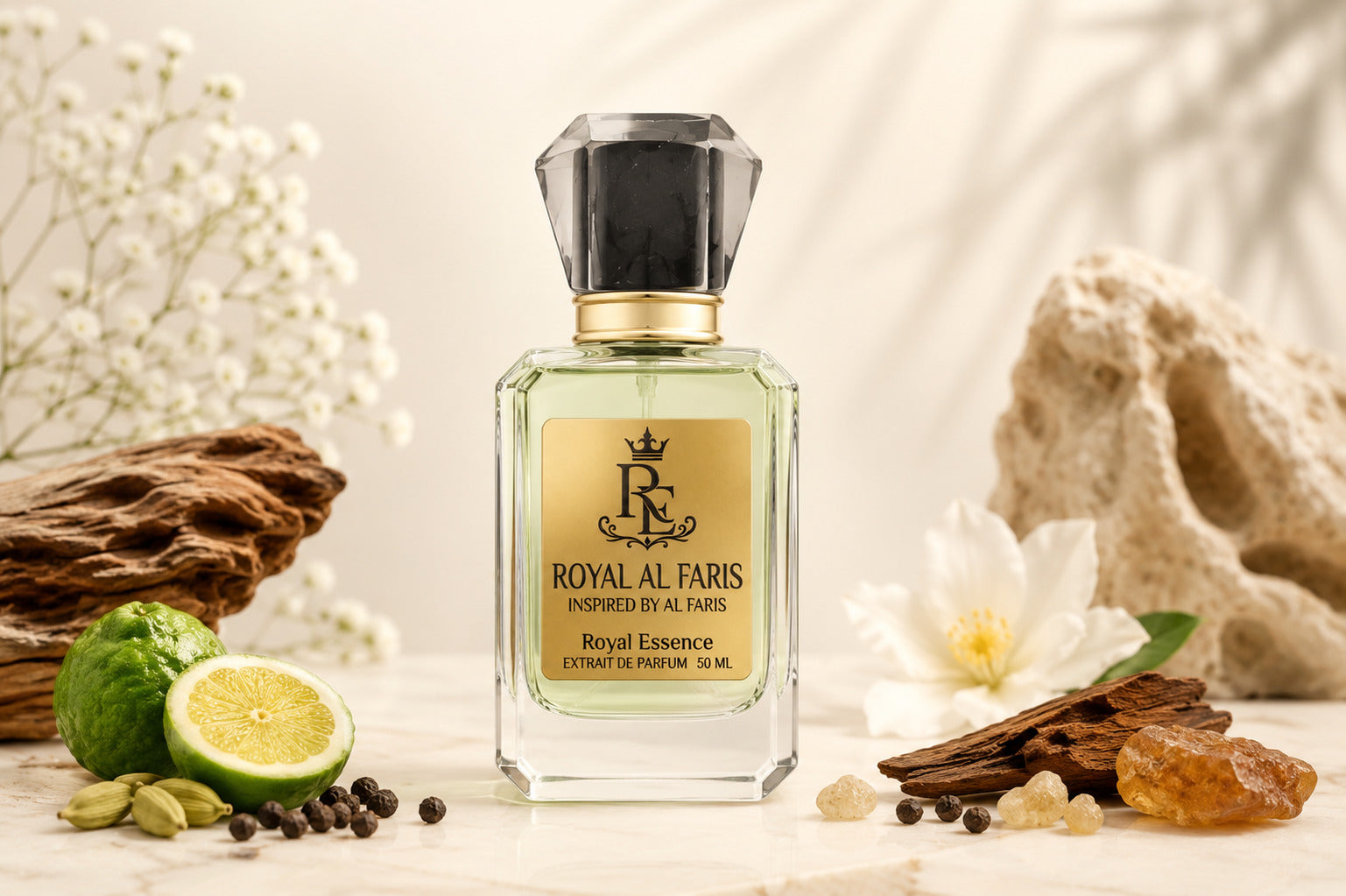 Royal Al Alfas inspired by Al Paris perfume bottle, styled with botanical and spice props on a light marble surface.