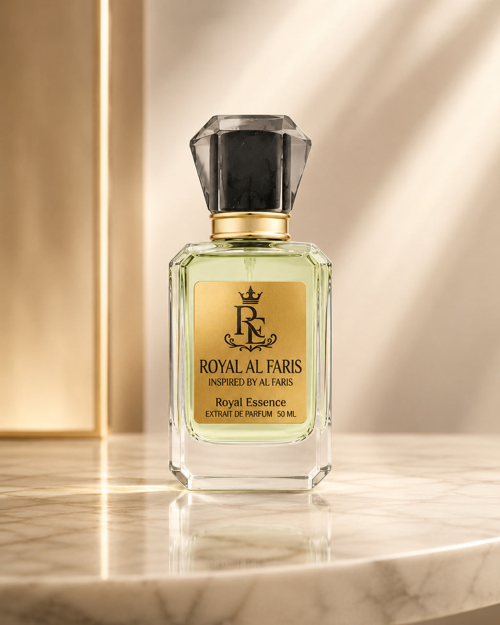 Royal Al Paris Extrait de Parfum 50ml bottle on a marble surface with warm sunlight and shadows. The clear glass bottle contains a pale yellow-green liquid, features a gold label with black lettering, and a faceted black cap with a gold collar.