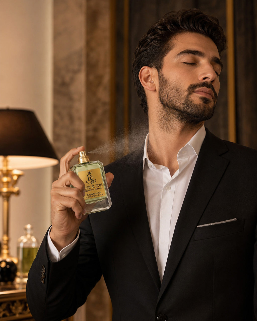 A man in a black suit and white shirt holds a bottle of Royal & Leblanc Eau de Parfum, spraying the fragrance. The background features a warm, elegant interior with a lit table lamp and dark wood paneling.