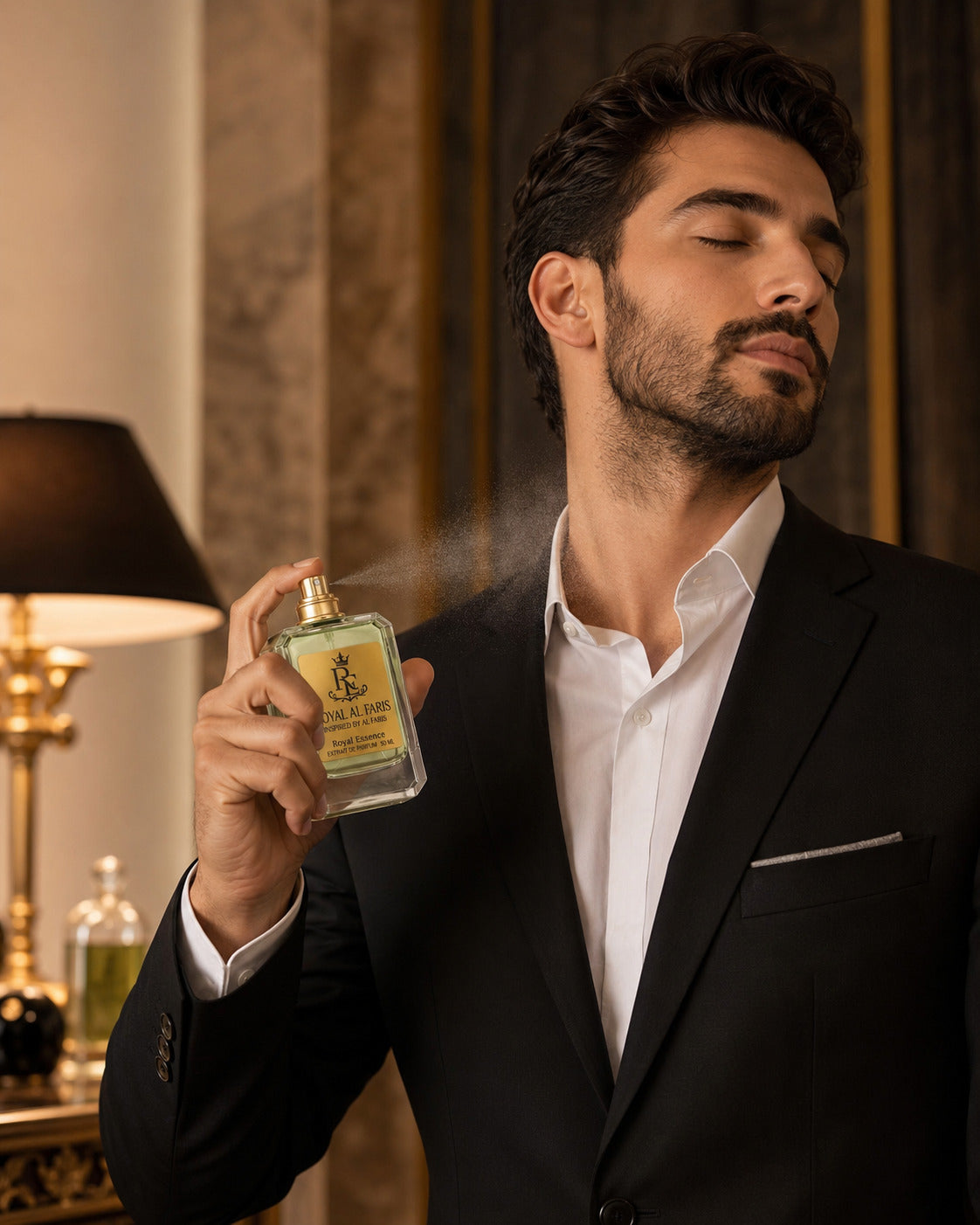 A man in a black suit and white shirt holds a bottle of Royal & Leblanc Eau de Parfum, spraying the fragrance. The background features a warm, elegant interior with a lit table lamp and dark wood paneling.