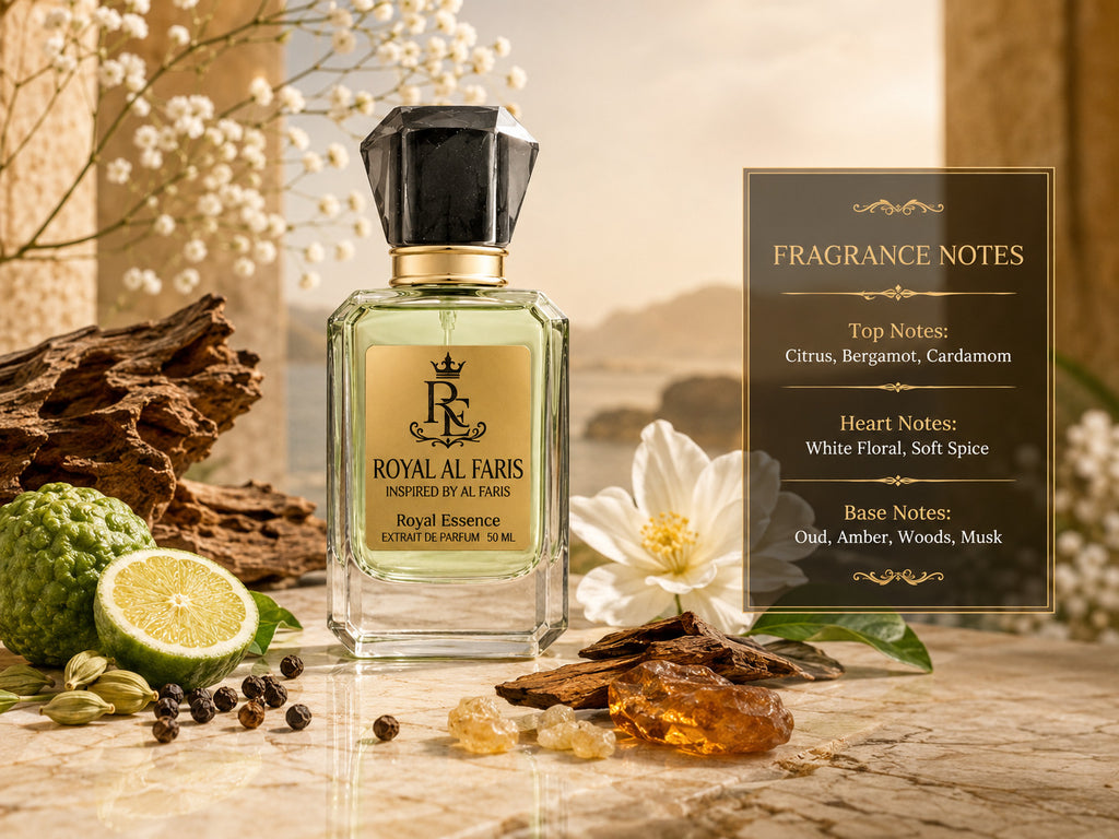 Royal Al Paris Royal Essence perfume bottle displayed on a marble surface with citrus, spices, and dried botanicals. A fragrance notes panel appears to the right, and the bottle is labeled Royal Al Paris / Royal Essence.