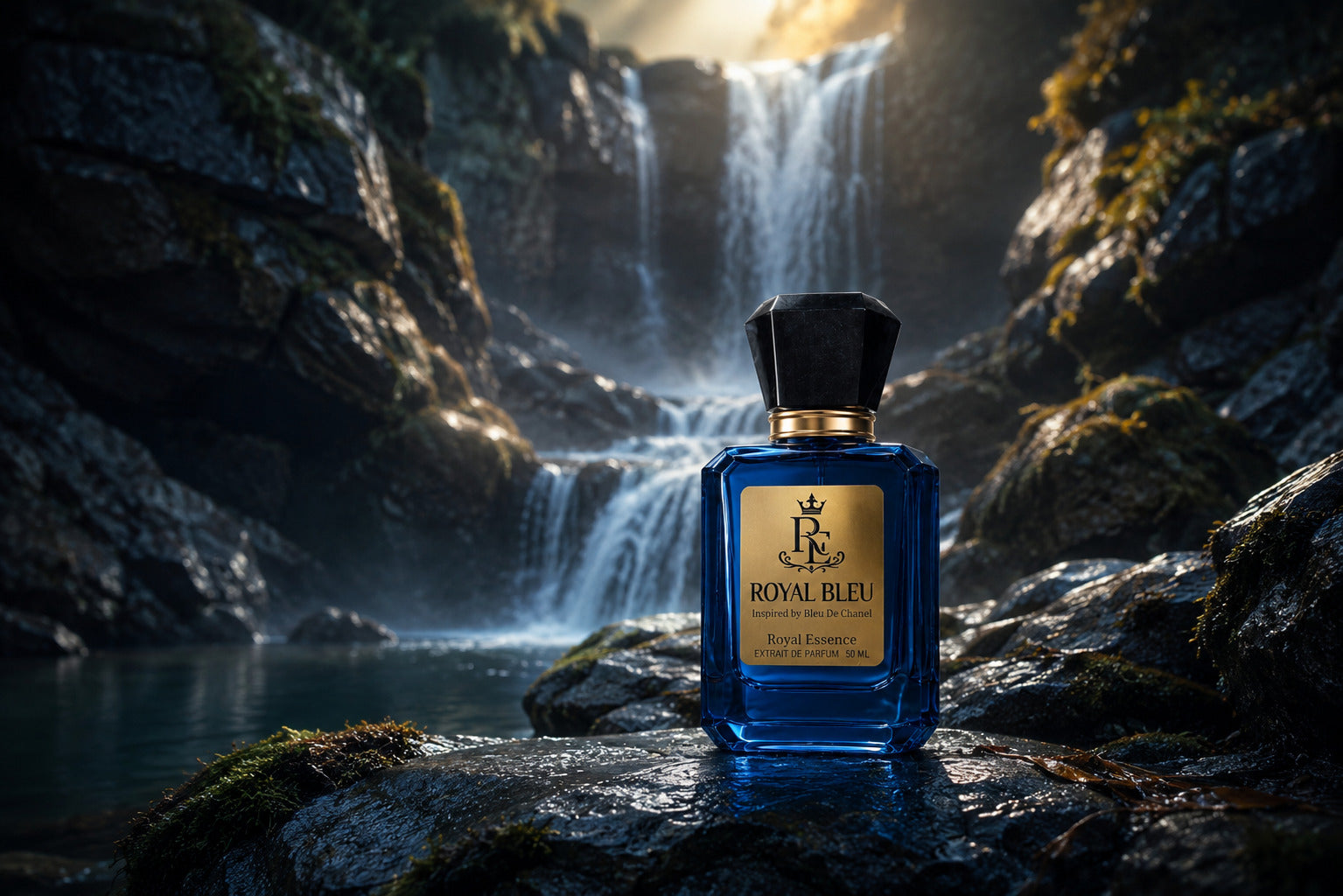A blue glass perfume bottle with a black cap and gold label reading Royal Bleu, placed on wet rocks in front of a waterfall landscape.
