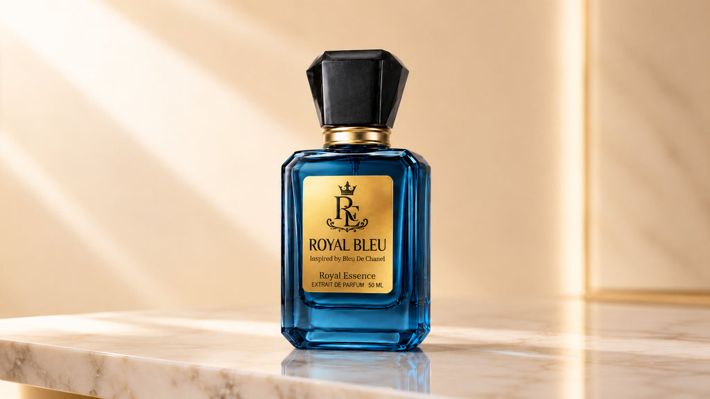 Royal Bleu Extrait de Parfum bottle on a marble surface with a warm beige marble background. The bottle is deep blue glass with a black cap and a gold label featuring the Royal Bleu logo.