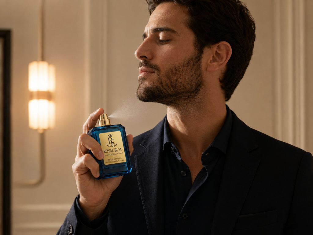 A man in a dark suit holds a blue and gold Royal Medal cologne bottle up to his face in a warmly lit indoor setting.
