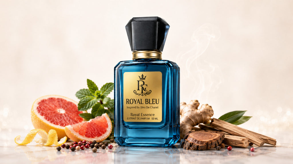 A blue glass perfume bottle labeled Royal Bleu stands centered on a light surface with citrus slices, mint leaves, ginger root, cinnamon sticks, and peppercorns arranged around it. The background is a soft warm beige studio setting with subtle mist.