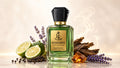 A green glass perfume bottle with a black cap and gold label reading Salvage Royal, styled with sliced limes, lavender sprigs, peppercorns, bark, and amber crystals on a light beige background.