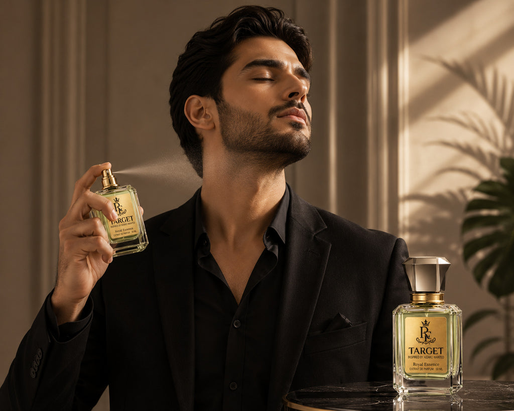 A man in a black suit holds a Target perfume bottle near his face while spraying, with another Target perfume bottle resting on a table beside him in a warmly lit indoor setting.