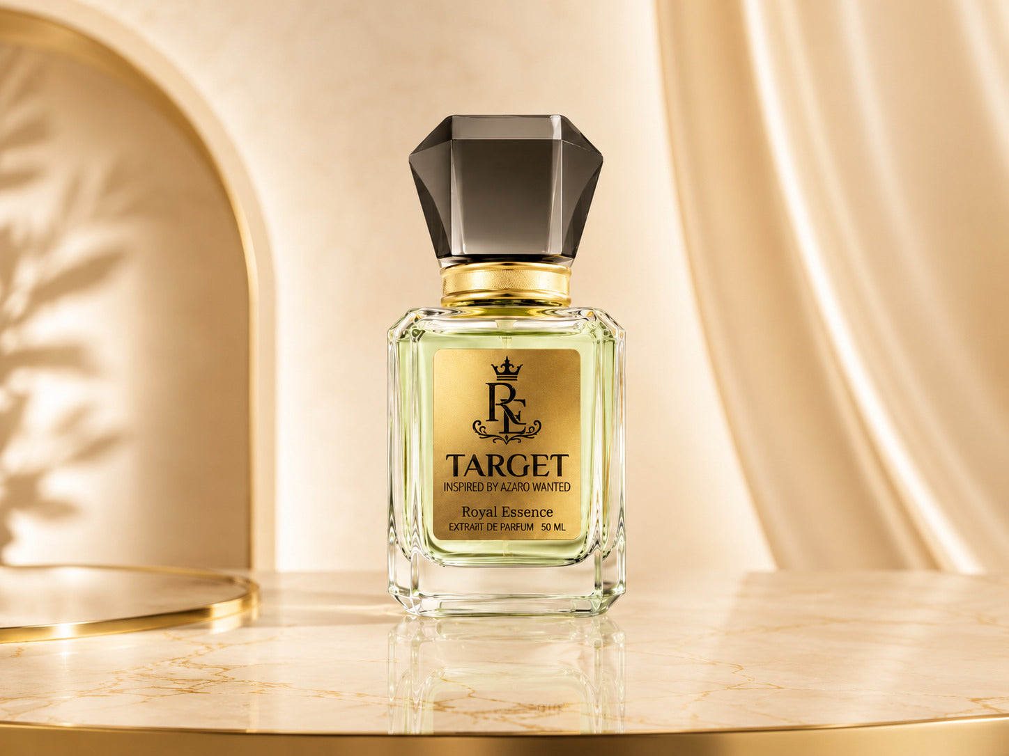 Target Royal Banquet Extrait de Parfum 50ml bottle, featuring a clear glass body with pale yellow-green liquid, a gold label with black lettering, and a faceted dark gray cap, set on a marble surface with a draped gold background.