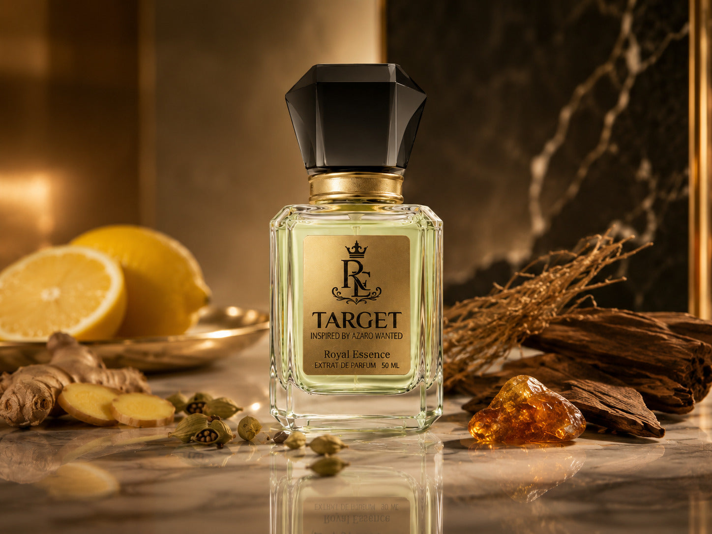 A bottle of TARGET Royal Essence cologne centered on a marble surface, surrounded by ingredients including lemons, ginger, cinnamon, and amber resin. The bottle has a black faceted cap, a gold label with the TARGET logo, and clear glass showing a pale yellow-green liquid inside.