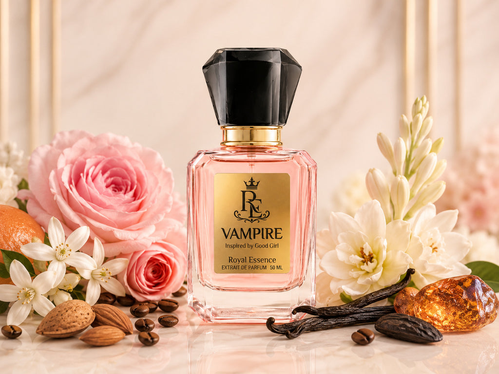 A bottle of Royal Essence Vampire inspired by Good Girl perfume, featuring a pink liquid, a gold label, and a faceted black cap. The bottle is beautifully styled with pink roses, white flowers, vanilla beans, almonds, and a piece of amber on a marble surface with a soft beige background.