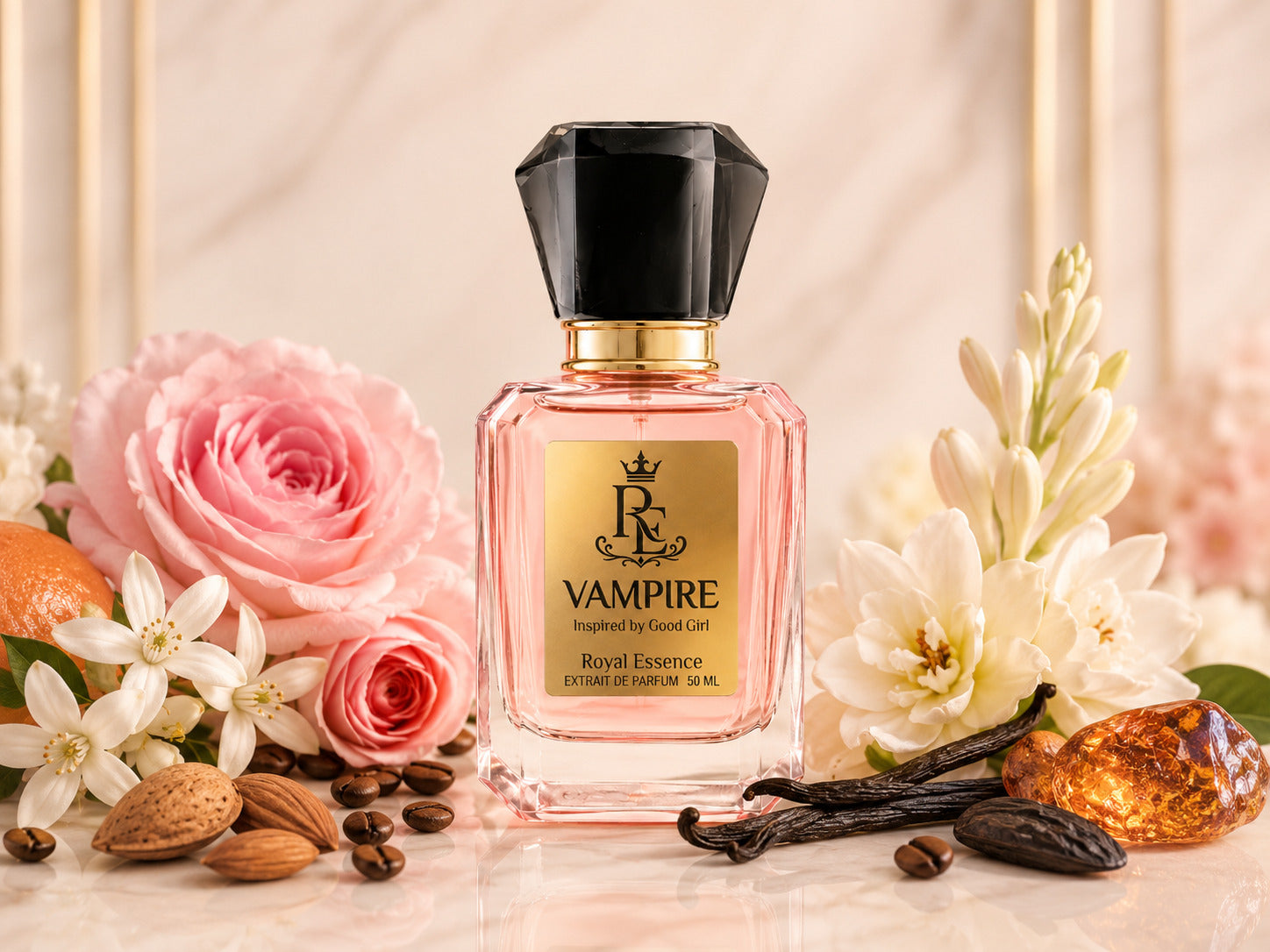 A bottle of Royal Essence Vampire inspired by Good Girl perfume, featuring a pink liquid, a gold label, and a faceted black cap. The bottle is beautifully styled with pink roses, white flowers, vanilla beans, almonds, and a piece of amber on a marble surface with a soft beige background.