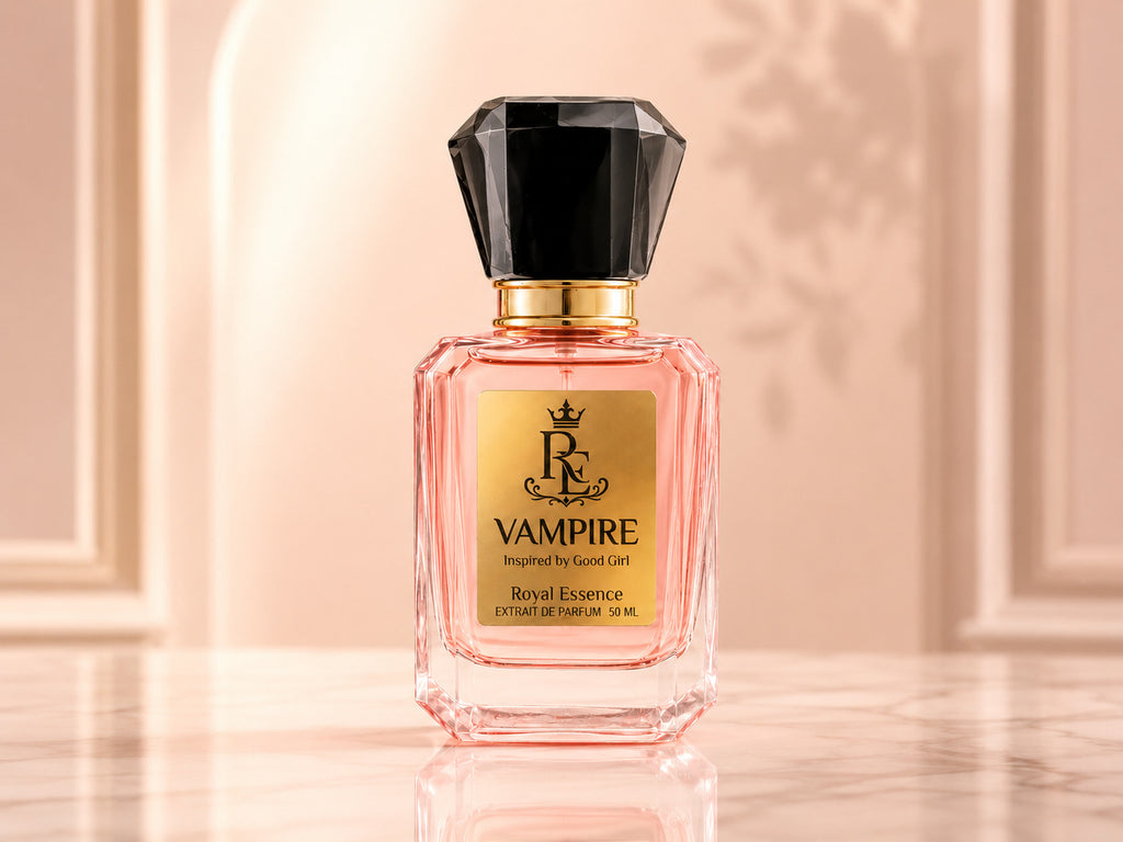 A bottle of Vampire Royal Essence perfume by Good Girl, featuring a pink glass body, a gold label, and a faceted black cap, set against a warm beige background with a marble surface.