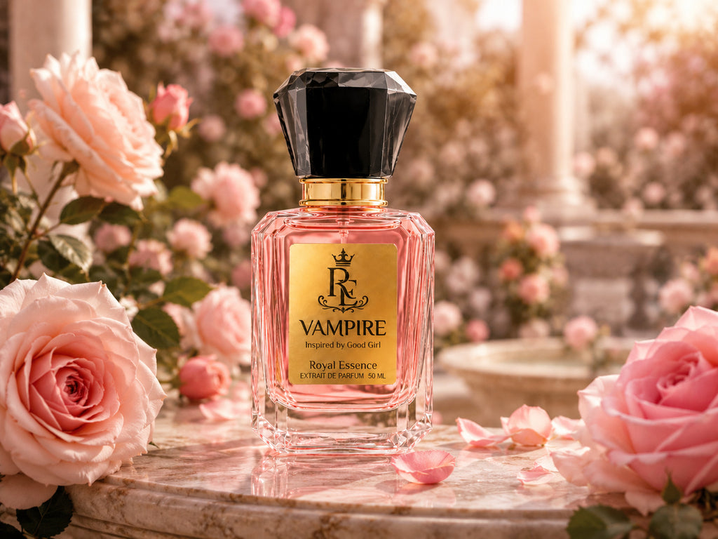 A pink glass perfume bottle with a black faceted cap and a gold label reading VAMPIRE, styled on a stone surface surrounded by pink roses in a sunlit garden setting.
